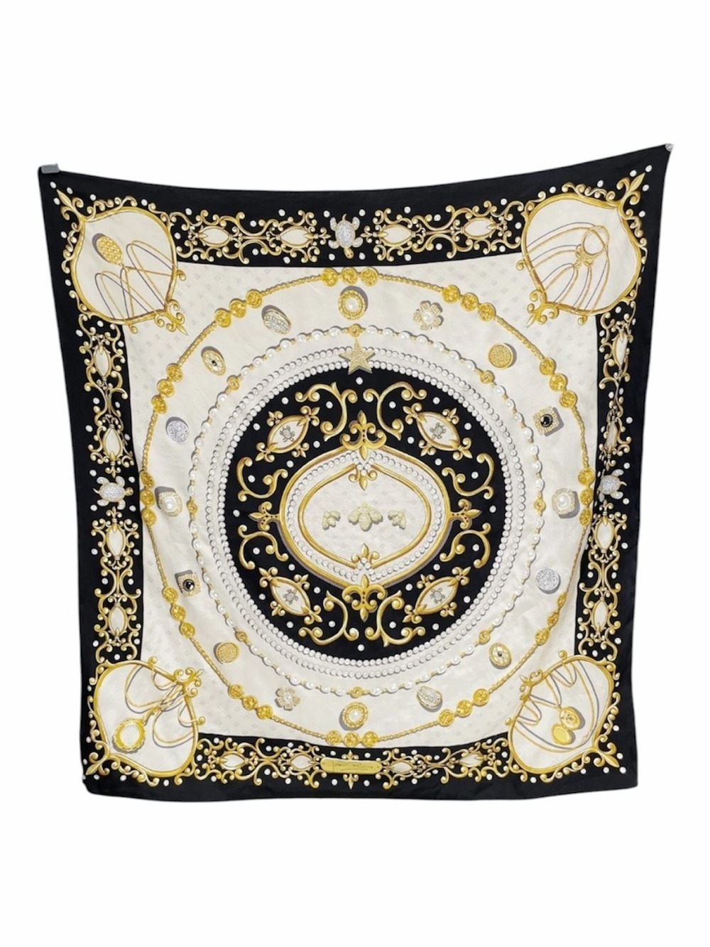 Vintage Joan Rivers 1990s Silk Baroque Scarf Black Gold White Japan 34”